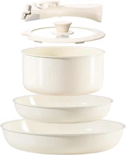 Ceramic Nonstick Cookware Set 5 Piece with Detachable Handle, Induction Dishwash