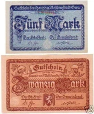 2 banknotes 5 & 20 Mark large emergency money city of Gera 1919