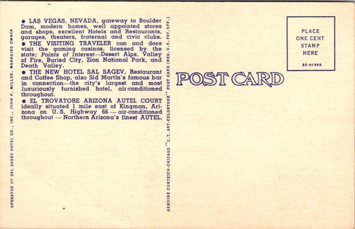 Sal Sageu Hotel Las Vegas Nevada NV El Trouratore Auto Court Arizona AZ Postcard - Picture 2 of 2