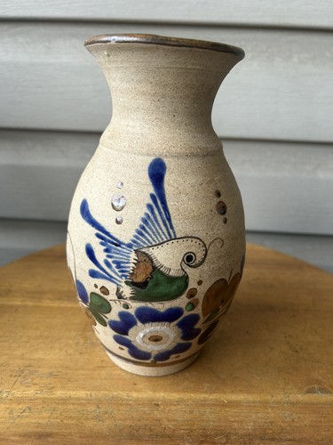 Vintage Tonala Bird Floral Mexican Folk Art Pottery Vase Signed RAF 8" Mexico