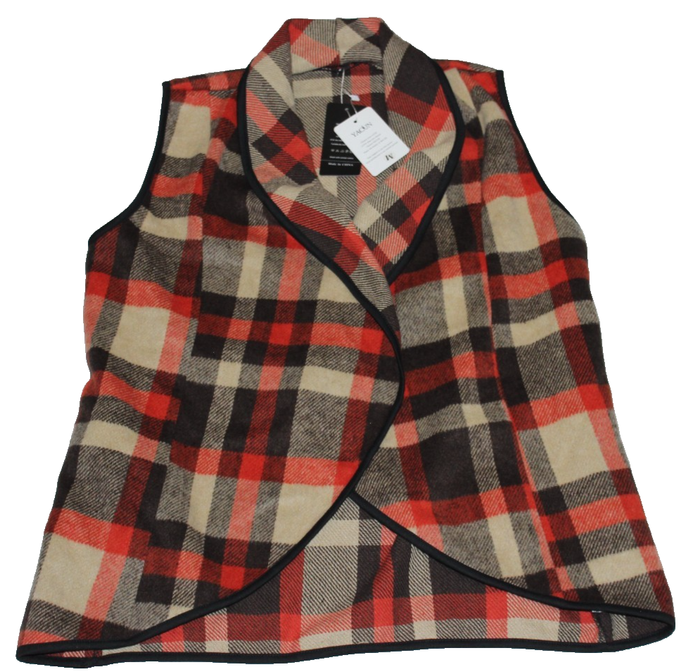 NWT Yacun Women's Open Front Flannel Vest Size M Multicolor Plaid Sleeveless