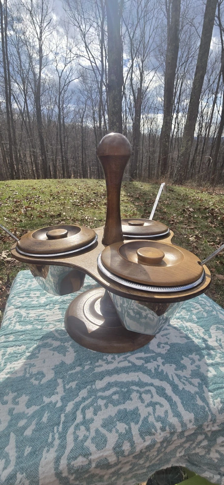 MCM Walnut and Stainless Steel Three-Bowl Condiment Server with Lids and Ladles