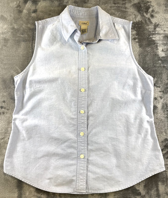 L.L. Bean Womens Medium Sleeveless Button Up Shirt Blue 100% Cotton Vintage