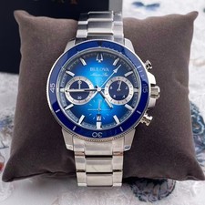 New Bulova Marine Star 45mm Men's Quartz Watch Blue Dial Stainless Steel 96B380