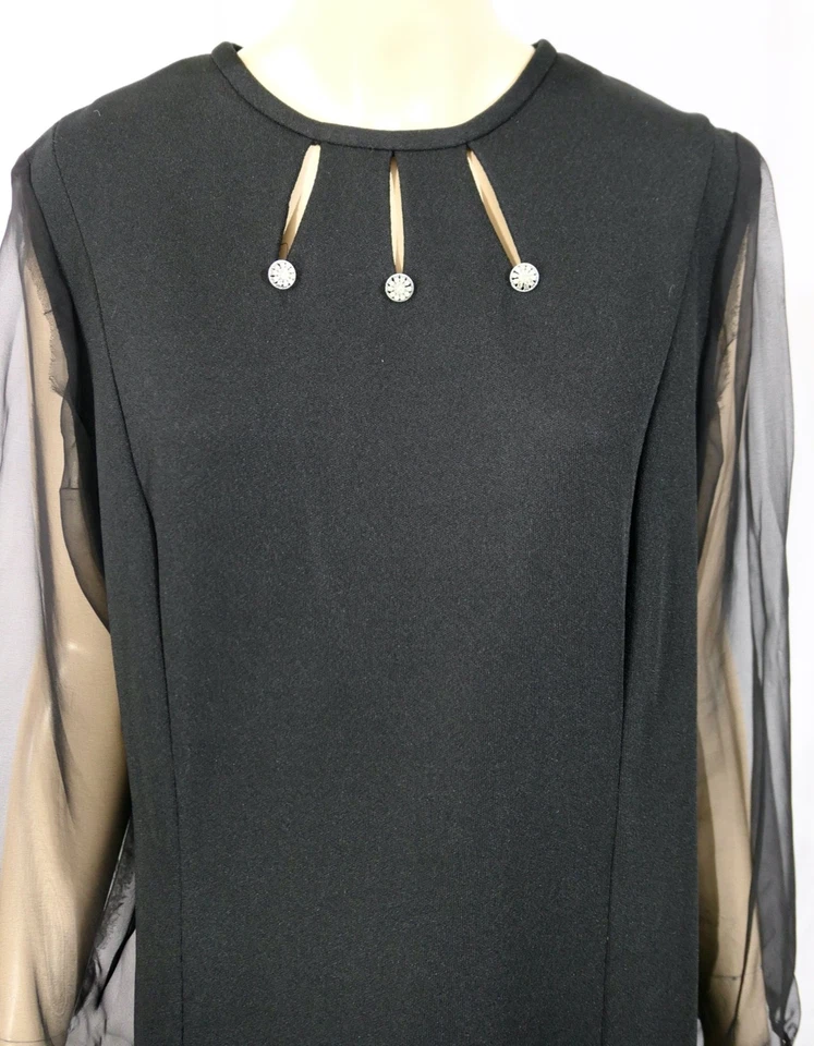 Vintage 70s Goth Mod Maxi Dress Sheer Sleeve Rhinestone Button XXL Plus 20 - Image 3 of 4