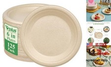125 Pack 6 inch Paper Plates 100 Compostable, Heavy-Duty 6 in Nature 125