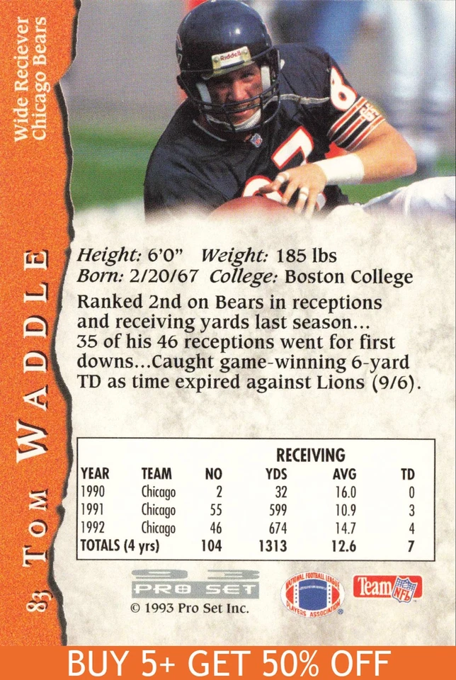 1993 Pro Set #83 Tom Waddle Chicago Bears Football - Image 2 of 2