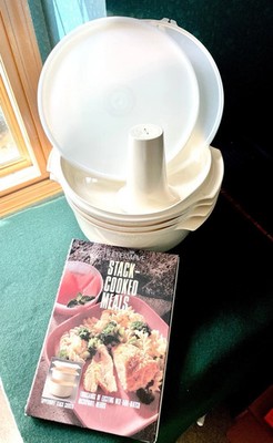 Vtg NOS Tupperware 6 Piece Stack Microwave Cooker Set, Cookbook, Extra Lid