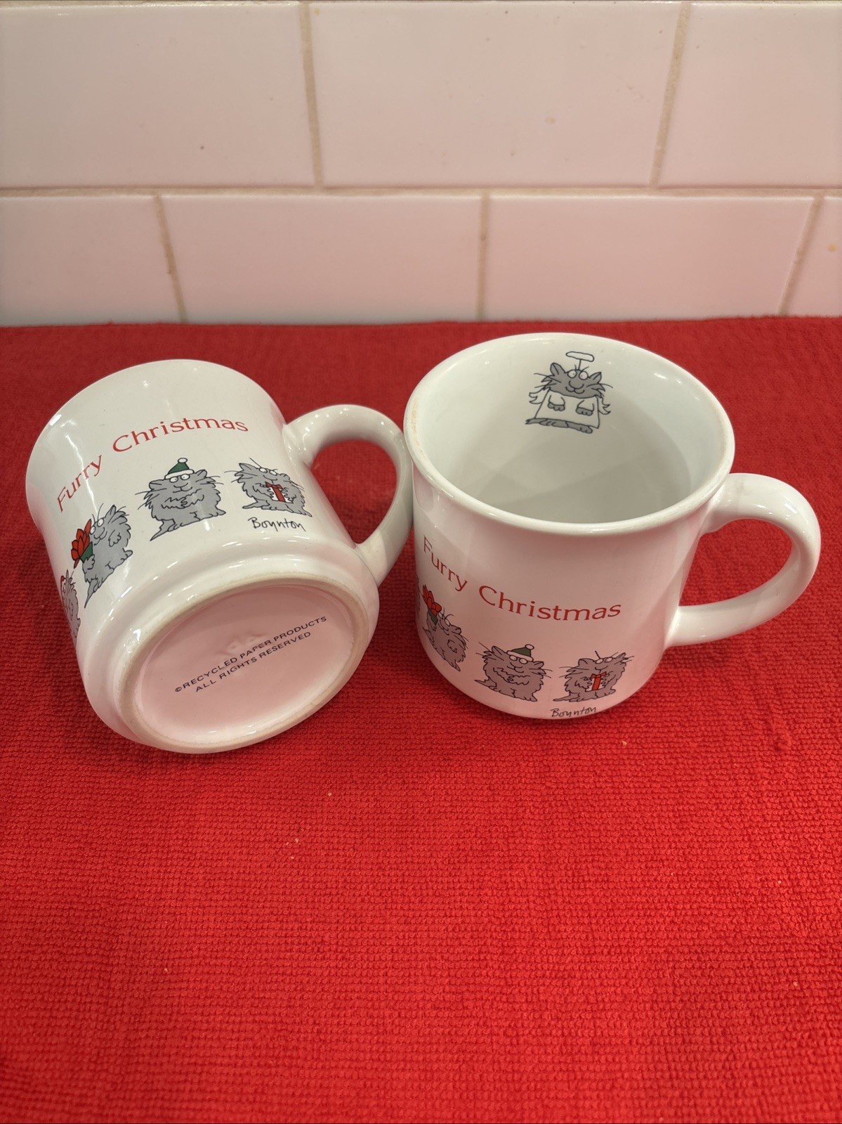 Sandra Boynton Furry Christmas Cat  Mug Recycled Paper Products Vintage Set Of 2