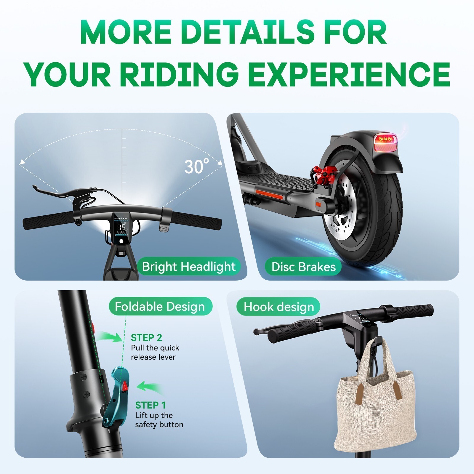 Peak 600W Electric Scooter Foldable 23MPH Disc Brake Scooter Commute LCD Display