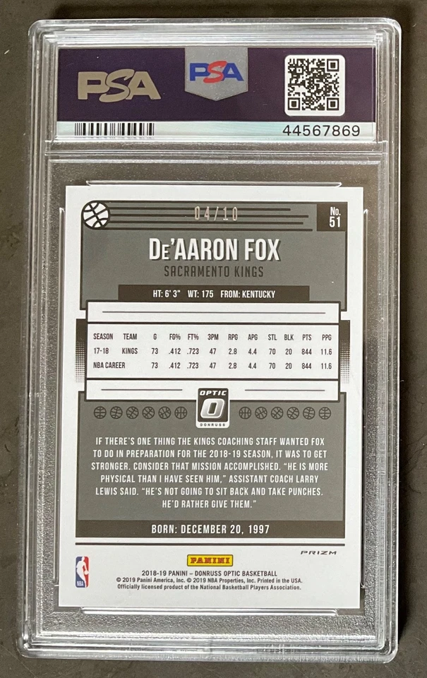 De’Aaron Fox - 2018 Panini Donruss Optic - Gold (PSA 10) - Image 2 of 2