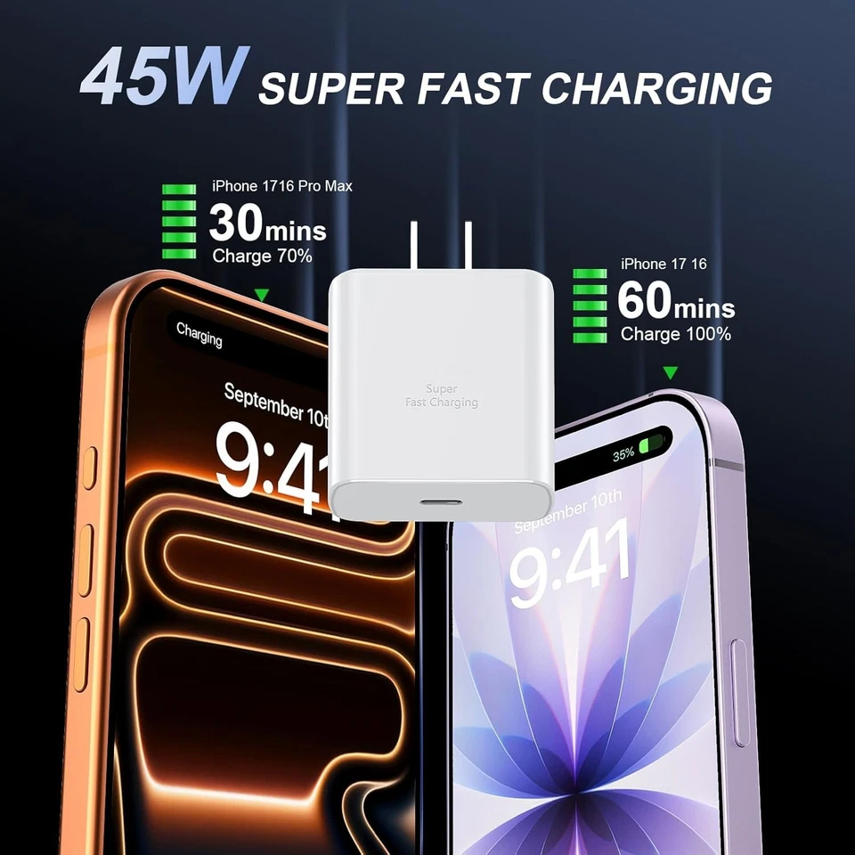 Fast Charging, 45W USB C iPhone 17/16 Super Fast Charger Block with 10ft Long Ty - Image 2 of 4