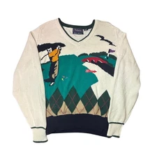 Vintage Hathaway Sweater Womens Medium Cream Hand Intarsia Golf V-Neck 90s