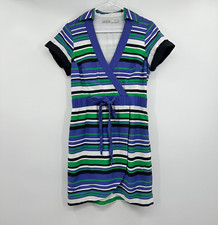 Karen Millen Dress Women 8 Blue Wrap Green Stripes Nautical Coastal Short Sleeve