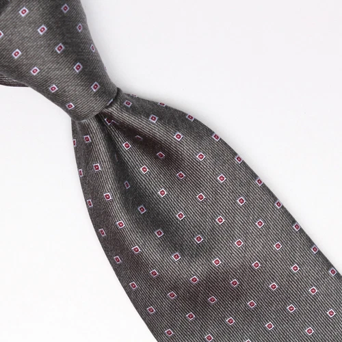 Gladson Mens Silk Necktie Gray Red Silver Neat Squares Check Weave Woven Italy