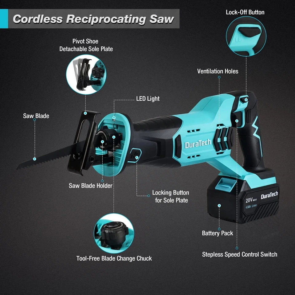 DURATECH Cordless Reciprocating Saw 20V4.0Ah Li-Ion Battery 3000SPM 4 Saw Blades - Image 3 of 4