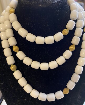 Vintage necklace, gold tone beads, milky glass