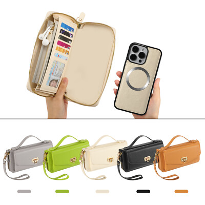For iPhone 16 15 14 13 12 17 Pro Max Magnetic Case w/ Crossbody Wallet Handbag