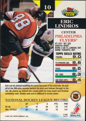 1993-94 Topps Stadium Club #10 - Eric Lindros - Picture 2 of 2