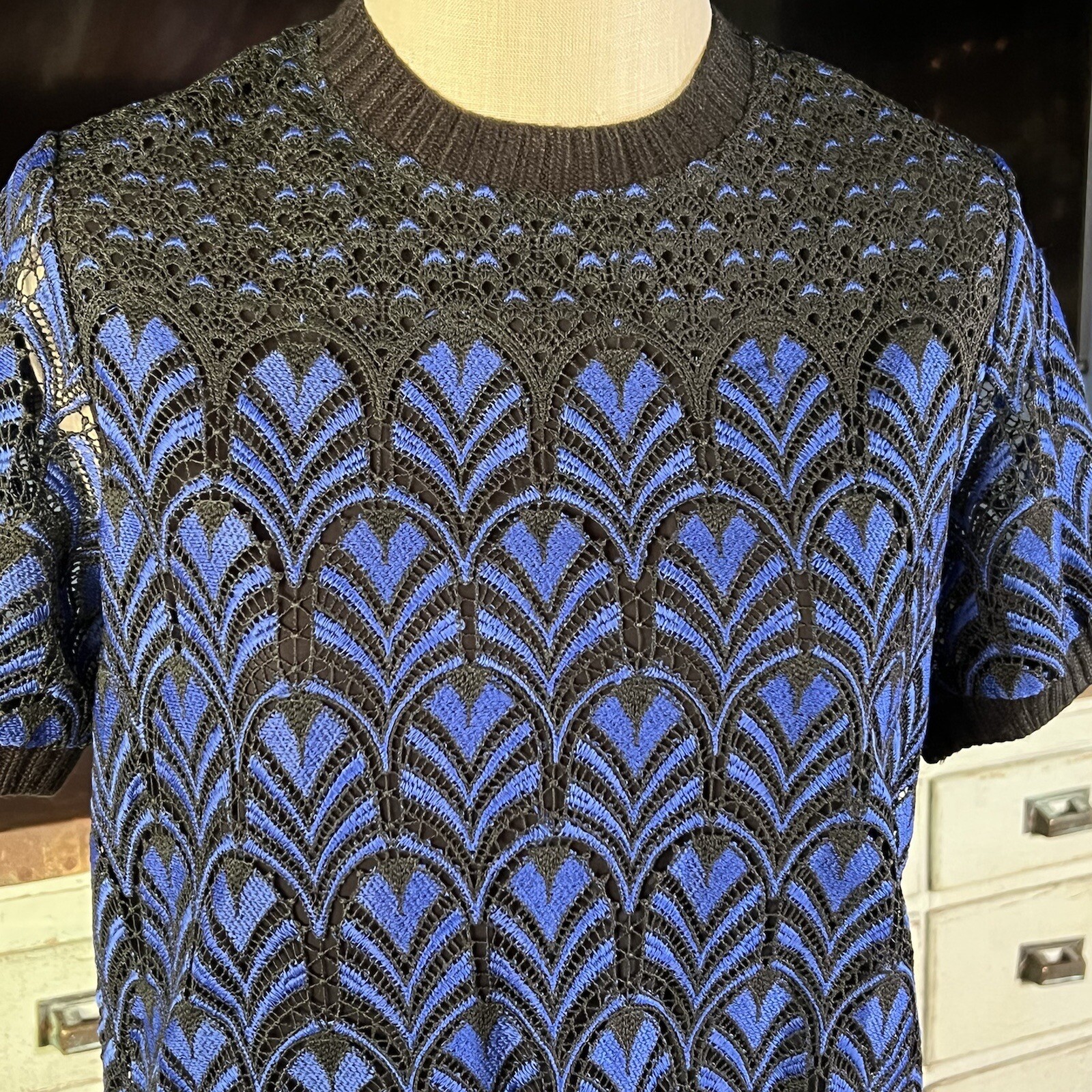 NWT New $130 Anthropologie Daniel Rainn Black Blue Lace Blouse Top S