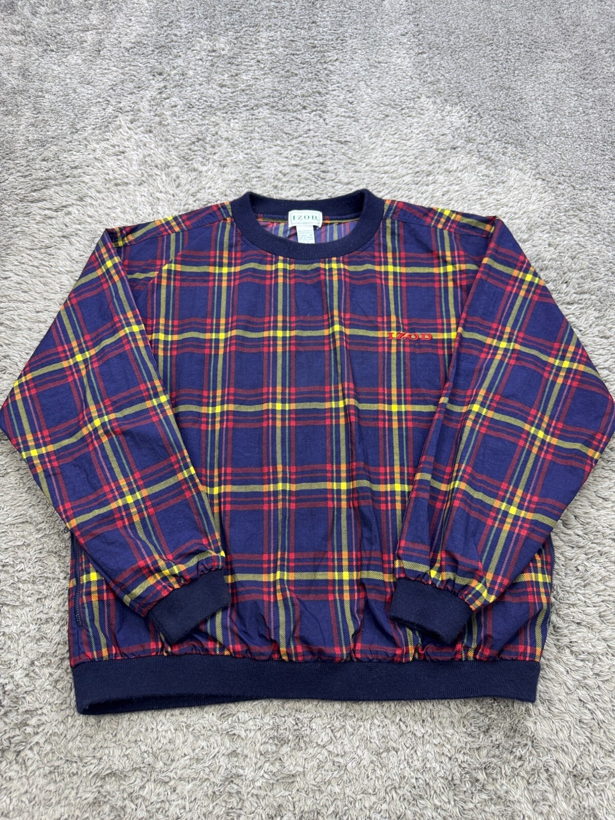 Vtg Izod Jacket Men Medium Purple Tartan Plaid Crewneck Windbreaker Pullover Y2K