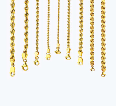 10k Yellow Gold 1.5mm-8mm Solid D/Cut Rope Chain Bracelet Size 7''-30''