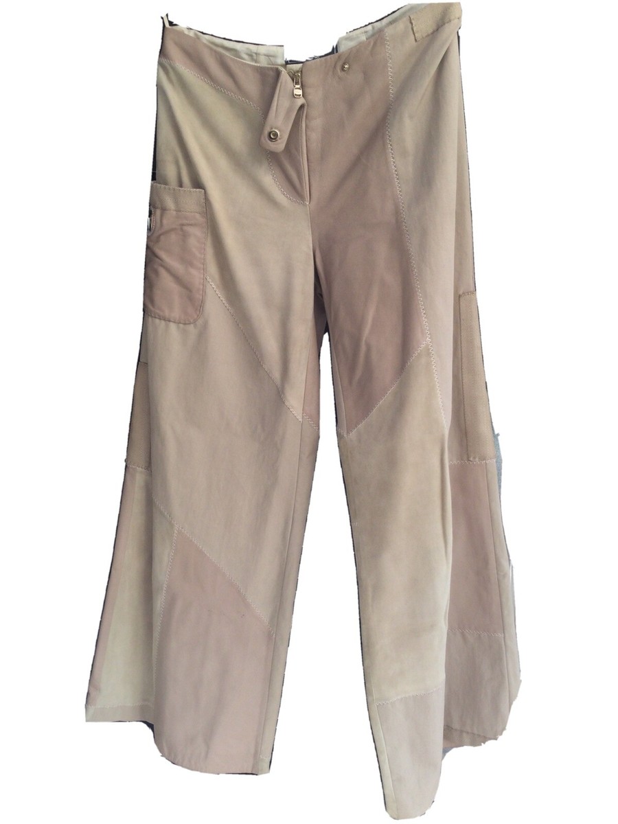 SALVATORE FERRAGAMO Beige/Cream Patchwork Leather Wide-Leg SALVATORE FERRAGAMO Beige/Cream Patchwork Leather Wide-Leg