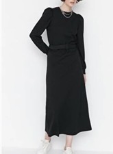Trendyol Siyah Black Dress Size 10 Midaxi Jersey Stretch Long Belt Work Office