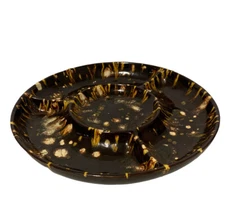 Handmade Ceramic Brown Glazed Pottery Chip And Dip Tray Plate Retro Vintage