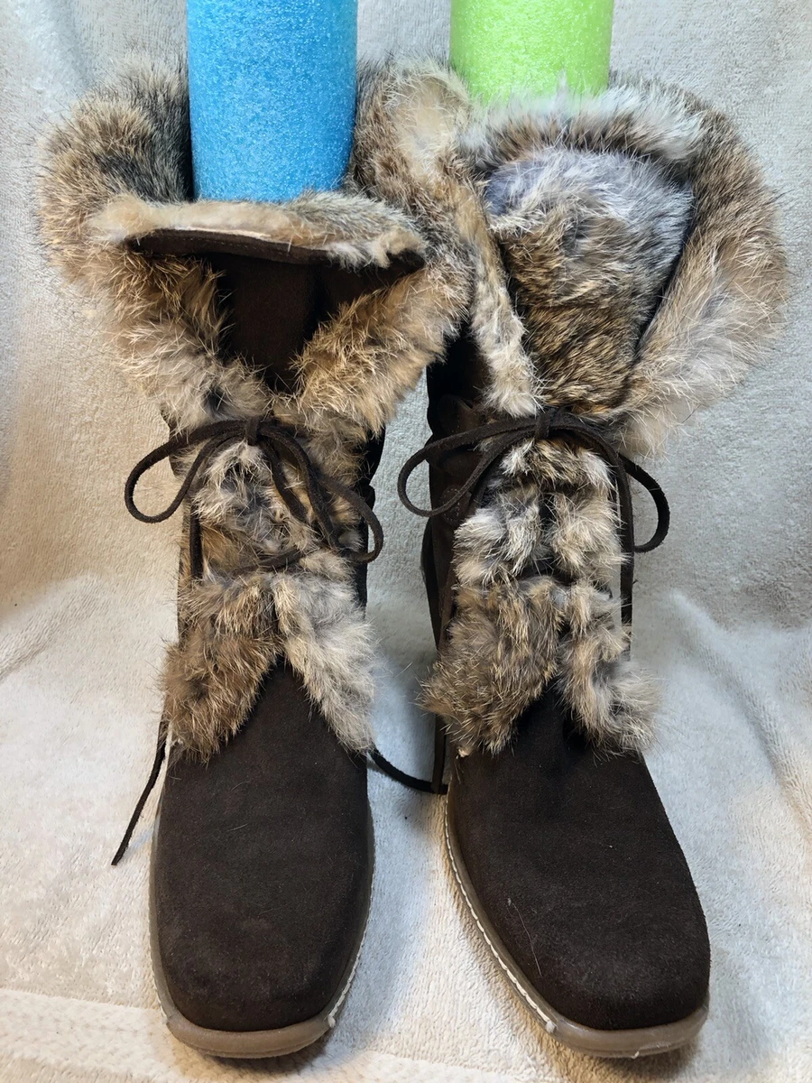 Maxine of Canada Womens 10 Brown Suede Crepe Wedge Heel Rabbit Fur Boots