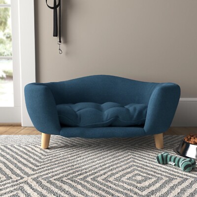 Archie Plush Dog Cat Elevated Sofa Bed Memory Foam Cushion Birch Wood Frame Blue