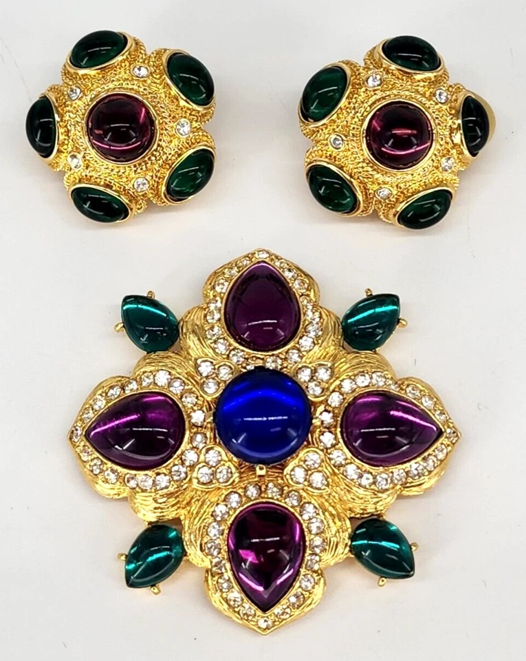 Broche prendedor y pendientes vintage Joan Rivers cristal cabujones malteses cruz Foto 2 de 4