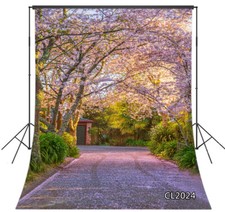 Spring Sakura Flowers Trees Small Road 8X10FT Vinyl Backdrop Photo Background LB