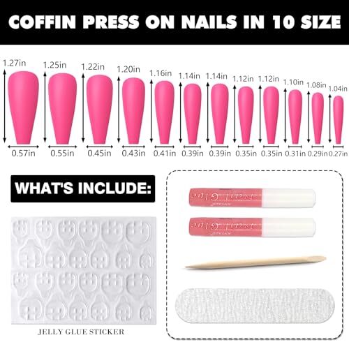 240pcs Coffin Press on Nails Long Pink Full Cover Fake Nails Matte Ballerina - Picture 5 of 6