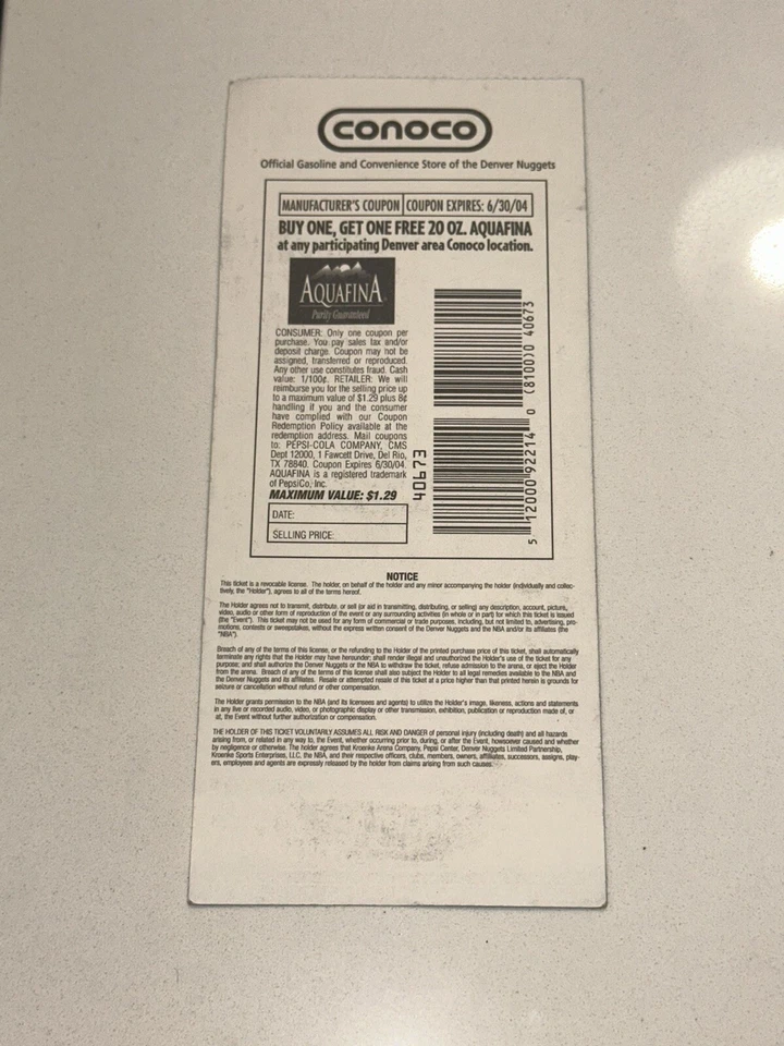 Denver Nuggets NBA Ticket Stub Carmelo RC Rookie Pistons Champs Season 3/6/2004 - Image 2 of 2