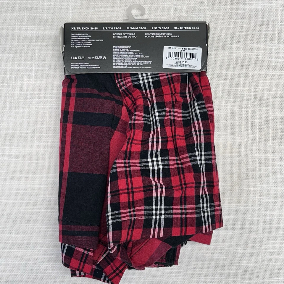 Boxer de popelina elástica American Eagle 4” entrepierna para hombre mediano 32-34 rojo negro a cuadros Foto 2 de 4