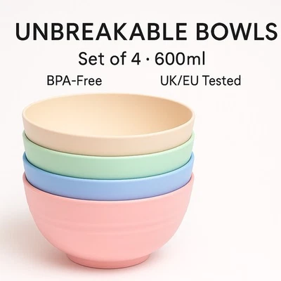 Unbreakable Cereal Bowls, Large Plastic Bowls Set of 4, EU Tested. Lightweight