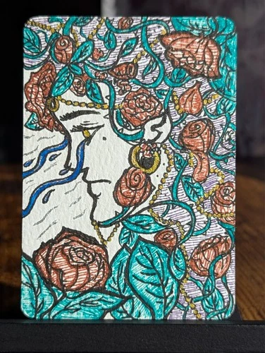 ACEO Art Card Original 2.5 x 3.5 drawing Red and Green Florals, Tears and Gold