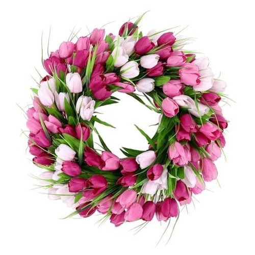 20 Inch Tulip Wreath for Front Door, Spring Summer Silk Wreath with Green Pink