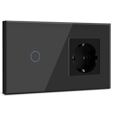 Schwarz Touch Lichtschalter mit LED Anzeige und zusätzlicher Steckdose 1 Fach