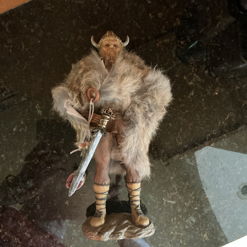 Vintage Viking Warrior Figurine Hand-painted Real  Fur Cloak w/ Sword - 10 inch.