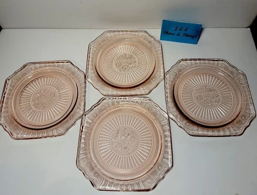 Anchor Hocking Mayfair Open Rose Pink Depression (4) LUNCHEON PLATES 8 3/8” EUC