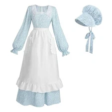  Prairie Dress Women Pioneer Colonial Costume Floral Dresses 3pcs Medium Blue-b