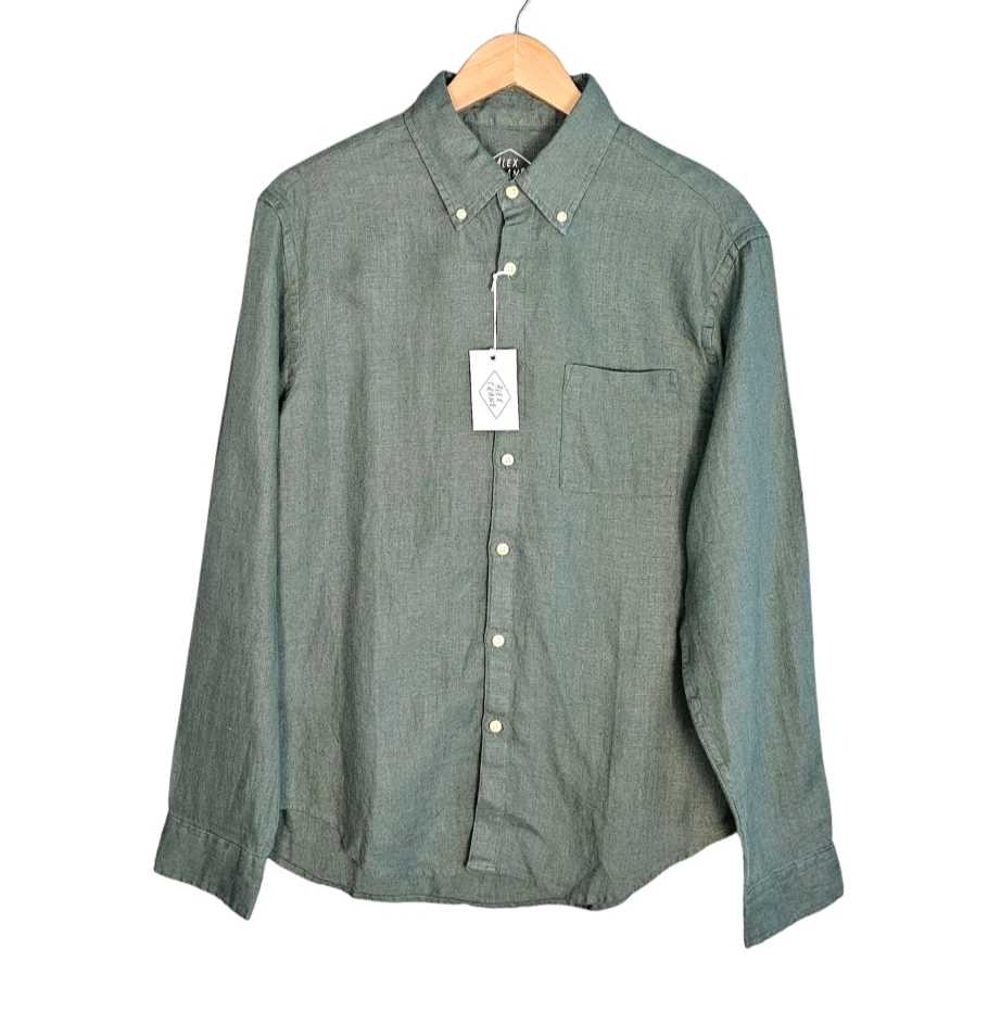 Alex Crane Linen Shirt Mens L Green 100% Linen Button Down NWT Long Sleeve