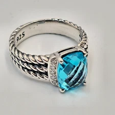 David Yurman 10x8mm Blue Topaz and Diamond Petite Wheaton Ring Size 8