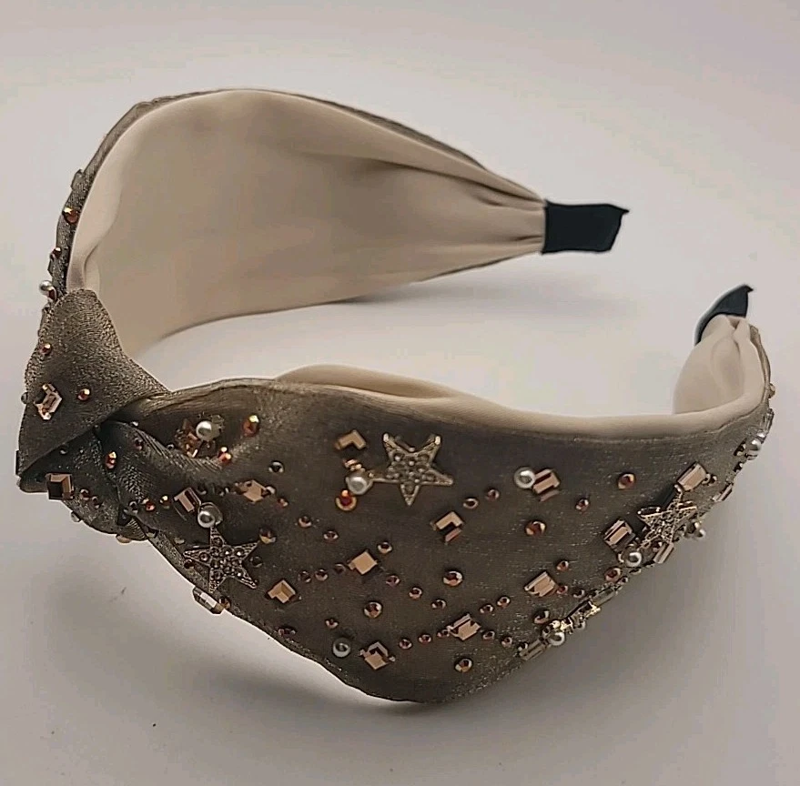 Luxury Gold Mesh Woven Knot Headband Beaded Embellished Pearl Crystals Stars New - Image 4 of 4