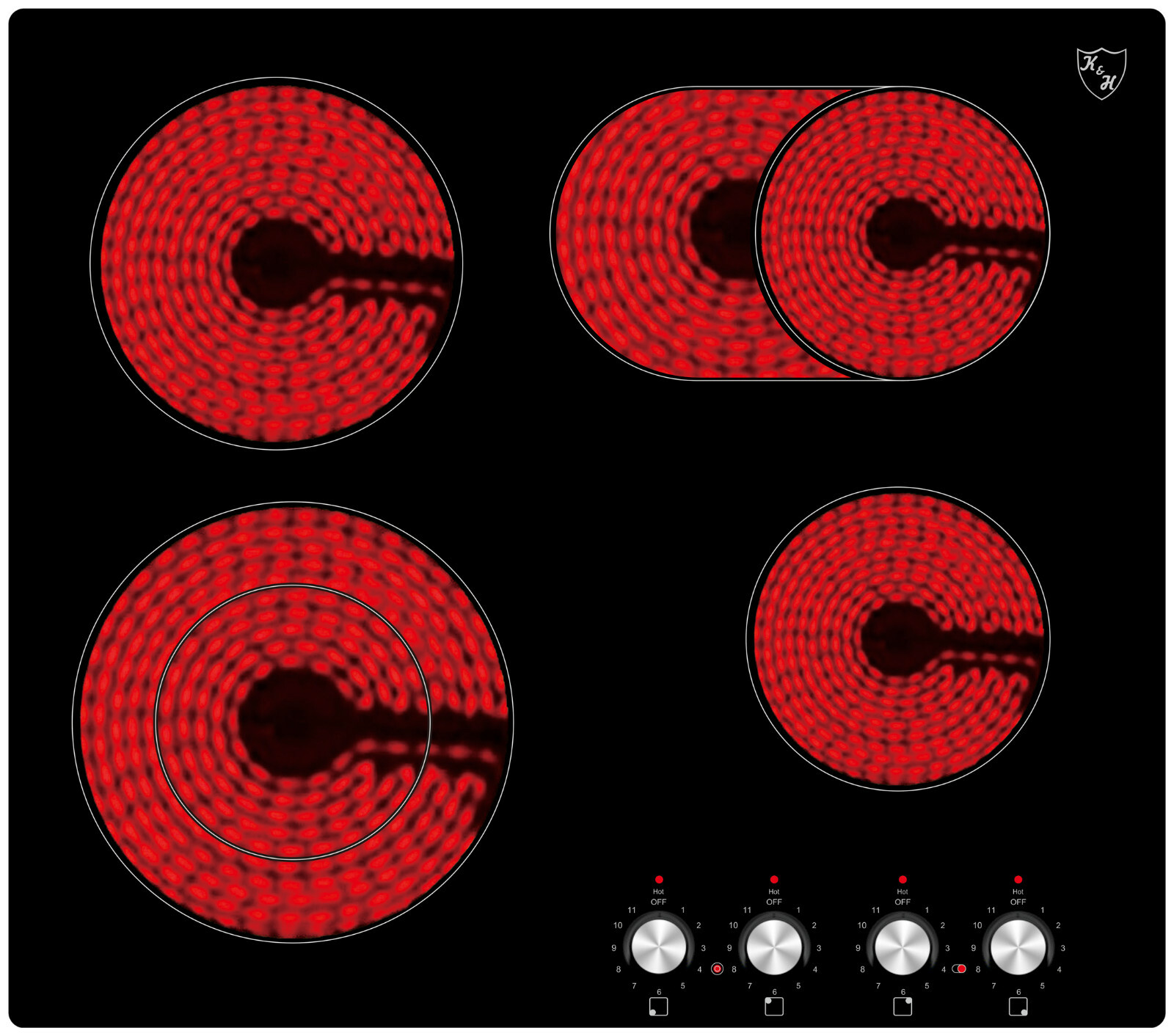 K&H® 4 Zonen Glaskeramikkochfeld Knebel Steuerung 59cm Elektro Autark CK-7206K