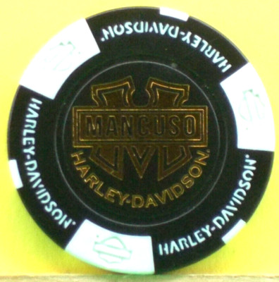 Mancuso HARLEY DAVIDSON * Houston Texas *** Poker Chip (B/W) Gold Lettering