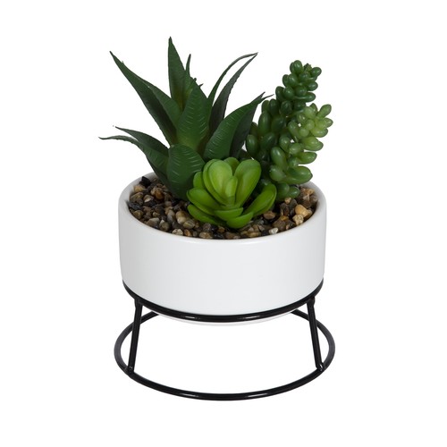 6.5" Artificial Mixed Succulents in White Ceramic Planter with Black Metal Stand