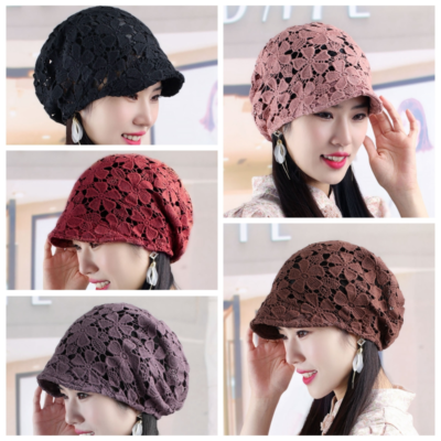 Retro Women Lace Peaked Cap Hollow Out Beanie Hat Floral  display picture 1